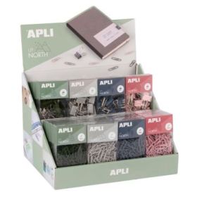 Apli Up North Expositor con 16 Cajas de 140 Clips 28mm + 16 Cajas de 15 Pinzas Metalicas 19mm - Colores Surtidos