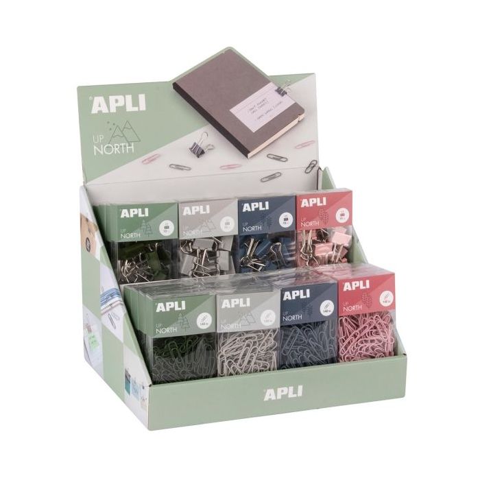 Apli Up North Expositor con 16 Cajas de 140 Clips 28mm + 16 Cajas de 15 Pinzas Metalicas 19mm - Colores Surtidos