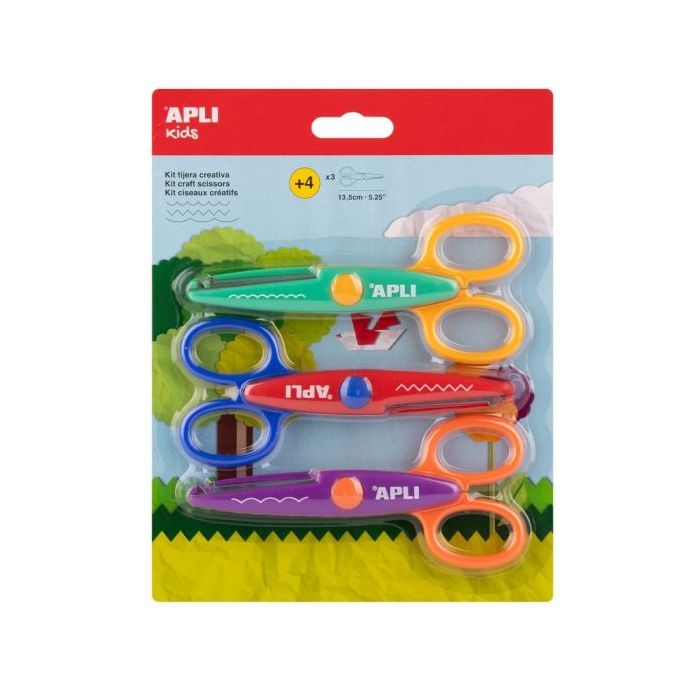 Apli Kids Pack con 3 Tijeras Escolares Creativas 13.5cm - 3 Cortes Distintos: Curva, Dentada y Zig Zag - Colores Surtidos