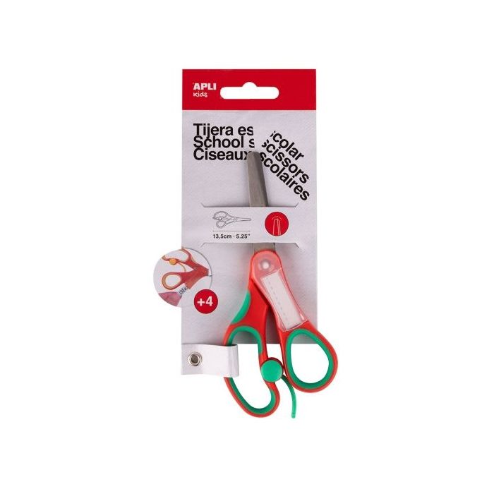 Apli Kids Tijera Escolar 13 cm - Punta Redondeada - Ergonomica - Espacio para el Nombre - Uso Ambidiestro - Color Rojo