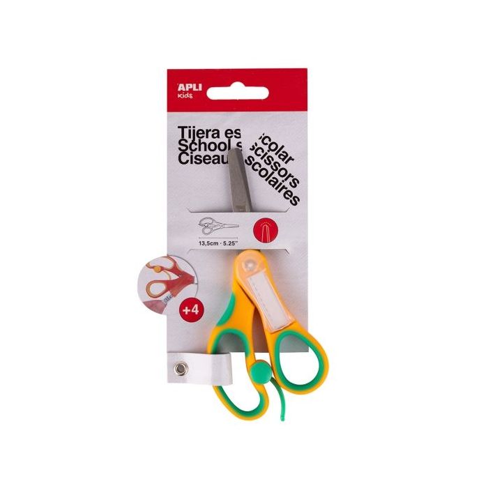 Apli Kids Tijera Escolar 13 cm - Punta Redondeada - Ergonomica - Espacio para el Nombre - Uso Ambidiestro - Color Amarillo
