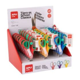 Apli Kids Expositor con 24 Tijeras Escolares 13 cm - Punta Redondeada - Ergonomicas - Espacio para el Nombre - Uso Ambidiestro -