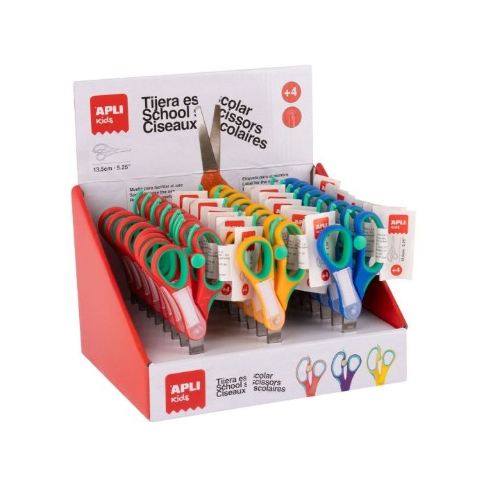 Apli Kids Expositor con 24 Tijeras Escolares 13 cm - Punta Redondeada - Ergonomicas - Espacio para el Nombre - Uso Ambidiestro -