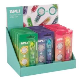 Apli Correct - Glue Expositor de 18 Correctores + Adhesivo 2 en 1 - Aplicacion Limpia y Precisa - Rapida Cobertura - Cuerpo en C