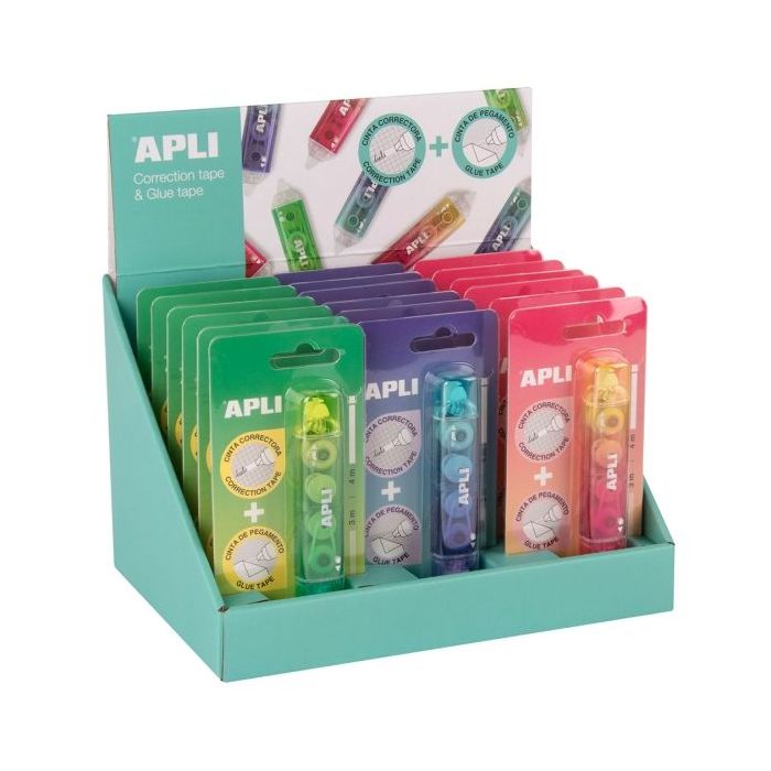 Apli Correct - Glue Expositor de 18 Correctores + Adhesivo 2 en 1 - Aplicacion Limpia y Precisa - Rapida Cobertura - Cuerpo en C