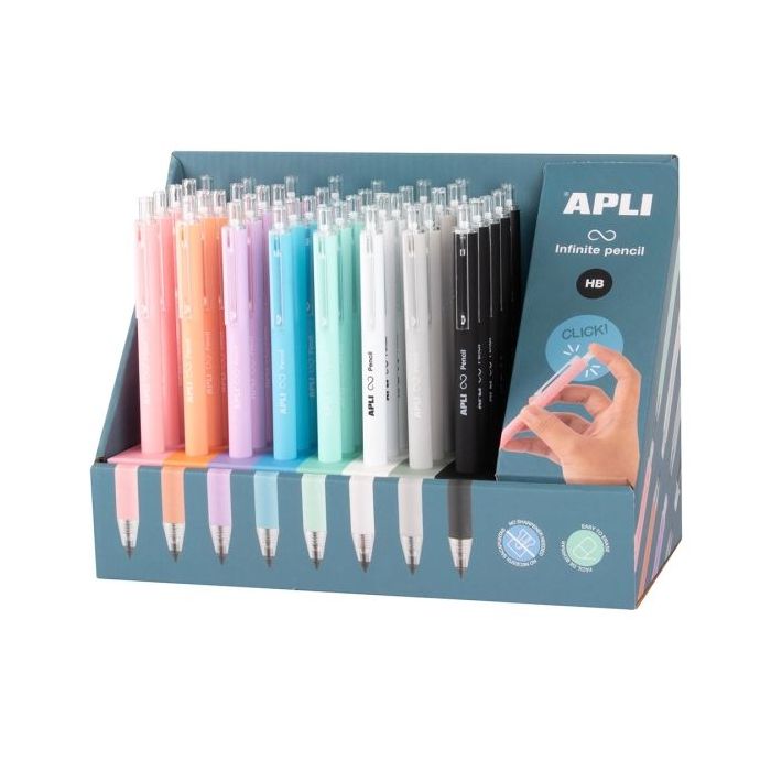Apli Infinite Pencil Expositor con 40 Lapices Infinitos Retractiles HB - Colores Surtidos