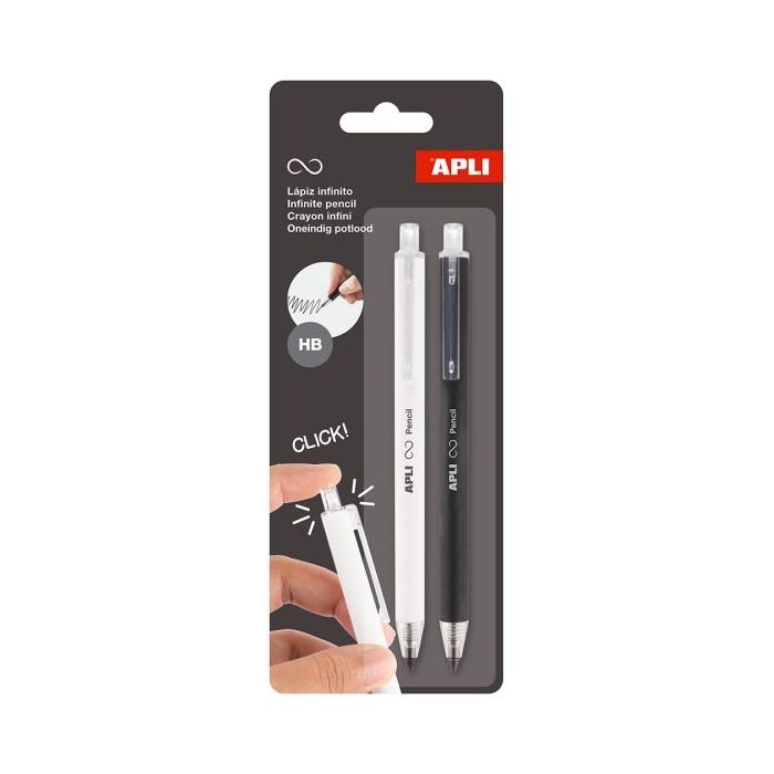 Apli Infinite Pencil Pack con 2 Lapices Infinitos Retractiles HB - Colores Blanco y Negro
