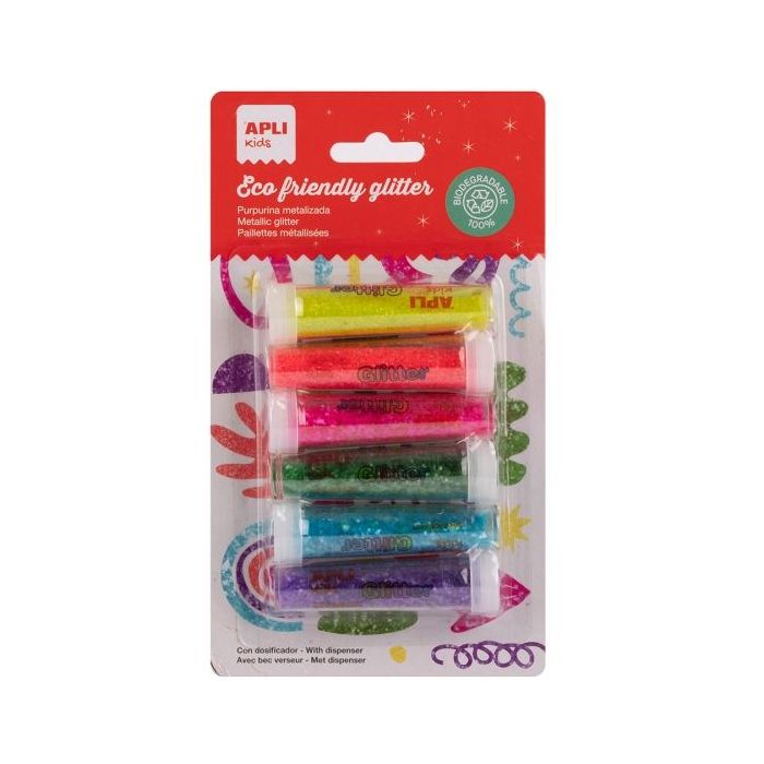Apli Pack con 6 Botes de Purpurina Biodegradable 6gr por Bote - Colores Fluor Surtidos