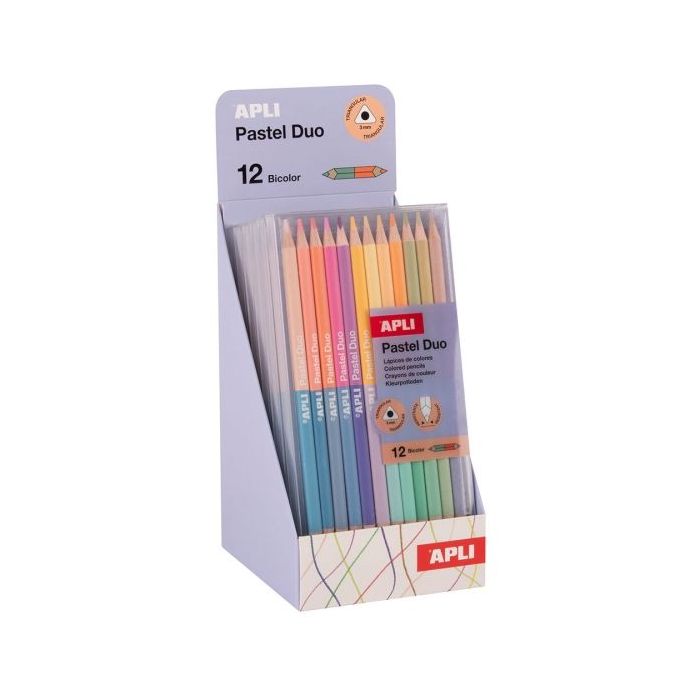 Apli Pastel Duo Expositor con 6 Packs de 12 Lapices de Colores de Doble Punta - Forma Triangular - Colores Pastel Surtidos