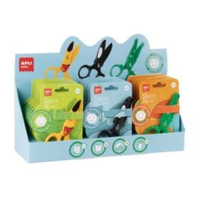 Apli Kids Expositor con 18 Tijeras Preescolares 12cm - Sistema de Seguridad que Evita Cortes en la Piel, el Pelo o la Ropa - Con