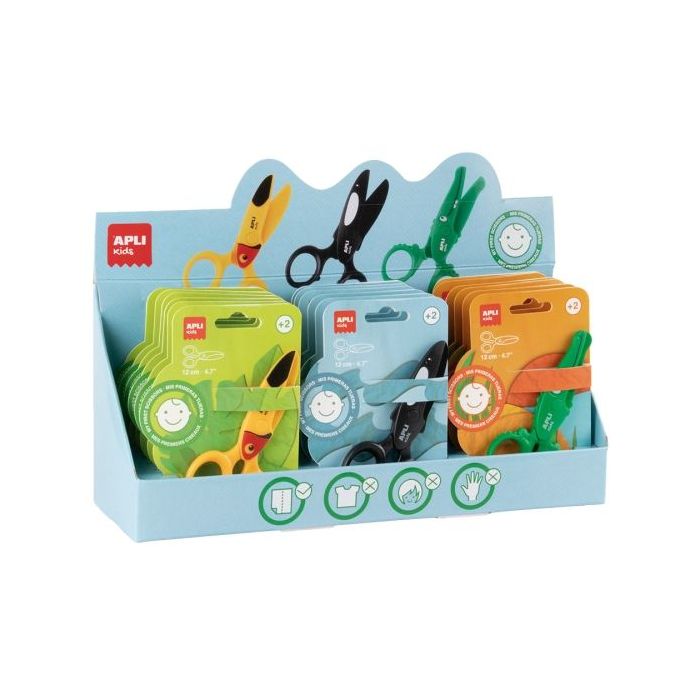 Apli Kids Expositor con 18 Tijeras Preescolares 12cm - Sistema de Seguridad que Evita Cortes en la Piel, el Pelo o la Ropa - Con