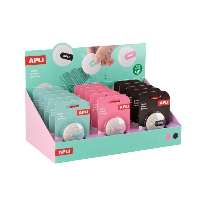 Apli Expositor con 15 Gomas de Borrar - Forma Redonda - Sin PVC - Color Blanco con Detalle en Verde, Azul y Negro