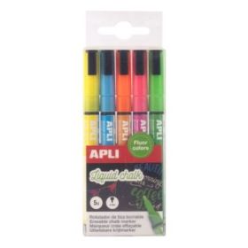 Apli Pack de 5 Rotuladores de Tiza Liquida - Punta Redonda 3mm - Secado Rapido - Colores Fluor Surtidos