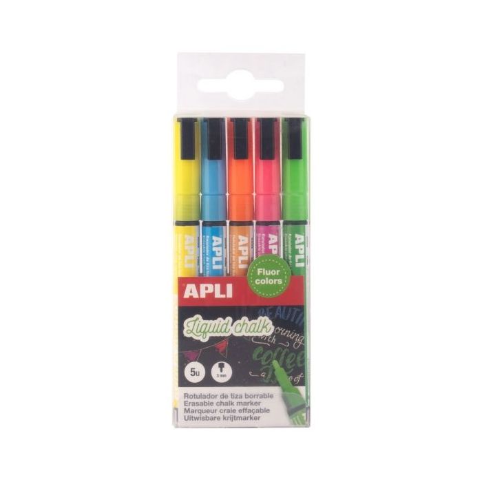 Apli Pack de 5 Rotuladores de Tiza Liquida - Punta Redonda 3mm - Secado Rapido - Colores Fluor Surtidos