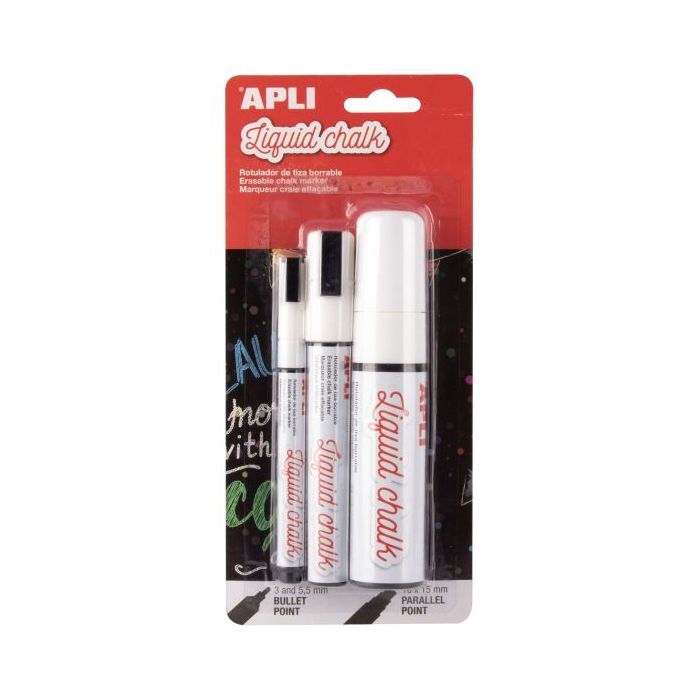 Apli Pack de 3 Rotuladores de Tiza Liquida de Diferentes Puntas - Redonda 3 y 5,5mm y Biselada - Secado Rapido - Color Blanco