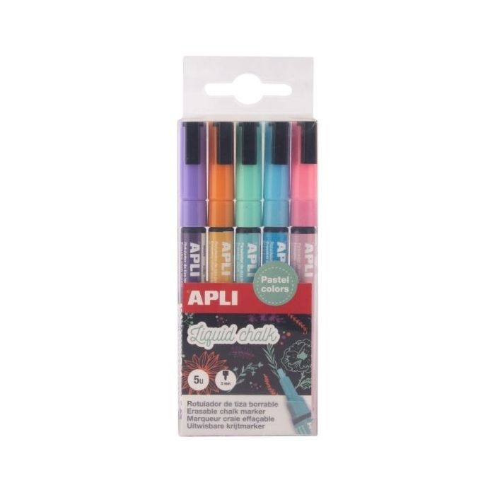 Apli Pack de 5 Rotuladores de Tiza Liquida - Punta Redonda 3mm - Secado Rapido - Colores Patel Surtidos