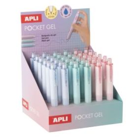 Apli Pocket Gel Expositor con 36 Mini Boligrafos de Tinta Gel Retractiles - Tinta Color Azul - Cuerpo de Diferentes Colores Past