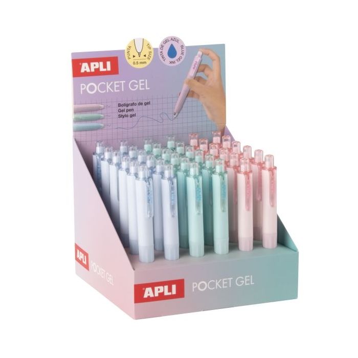 Apli Pocket Gel Expositor con 36 Mini Boligrafos de Tinta Gel Retractiles - Tinta Color Azul - Cuerpo de Diferentes Colores Past