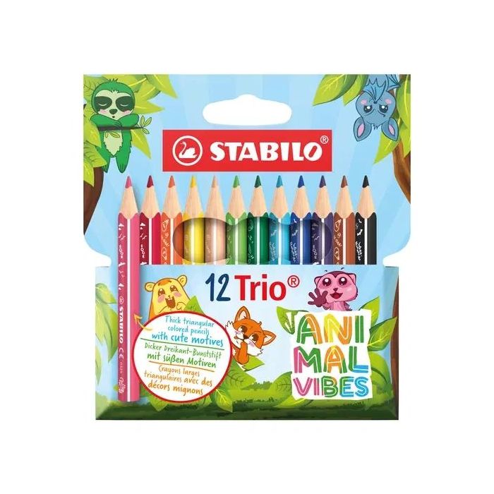 Stabilo Trio Animal Vibes Pack con 12 Lapices de Colores - Estampados Divertidos de Animales - Mina de 4.2mm - Forma Triangular