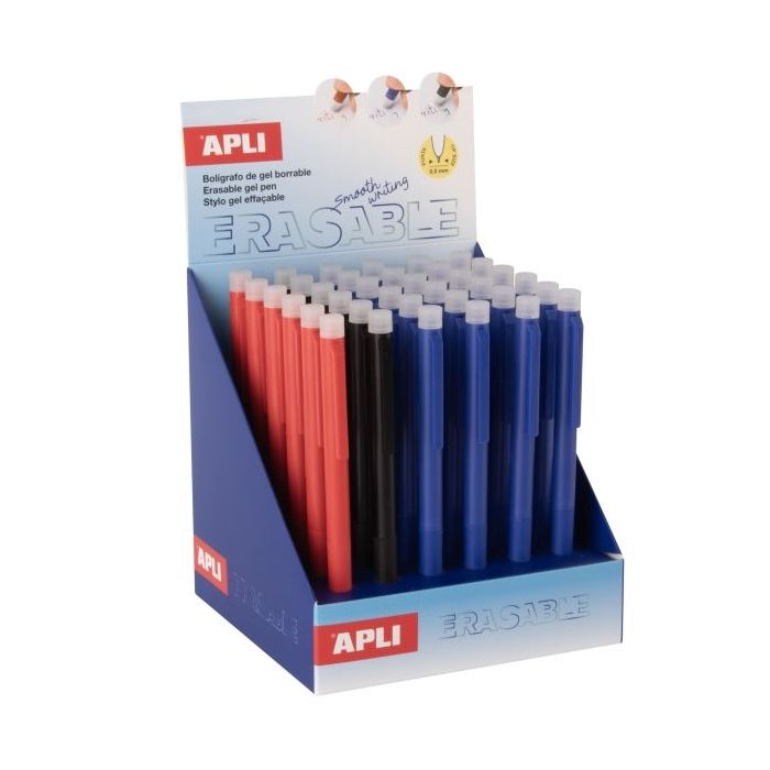Apli Erasable Gel Expositor con 36 Boligrafos de Tinta Gel Borrables - Punta de 0,5mm - Zona de Agarre de Silicona - Colores Azu