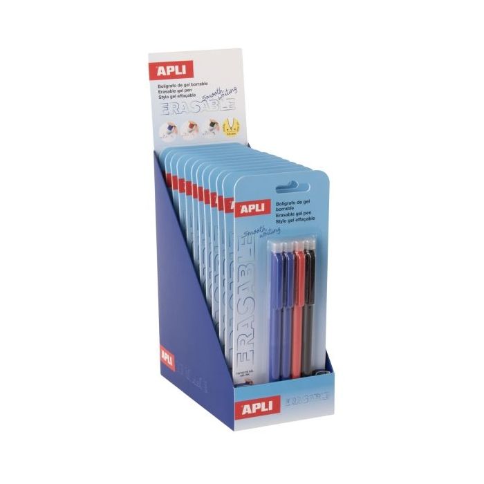 Apli Erasable Gel Expositor de 12 Blisters con 4 Boligrafos de Tinta Gel Borrables cada Uno - Punta de 0,5mm - Zona de Agarre de