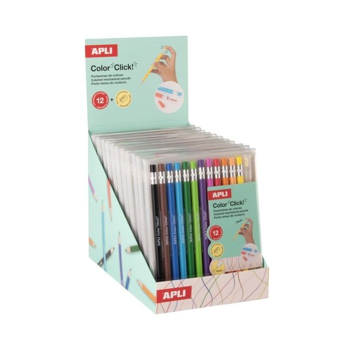 Apli Color Clik Expositor con 12 Packs de 12 Portaminas con Minas de Colores 2.6mm + 12 Recambios + 1 Sacapuntas - Forma Redonda