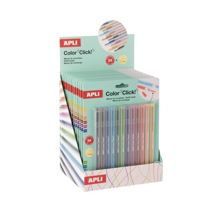 Apli Color Clik Expositor con 12 Packs de 24 Minas cada Uno - Para Portaminas Color Click - Colores Surtidos