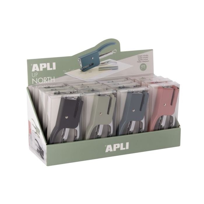 Apli Up North Expositor con 16 Grapadoras de Tenaza con 50 Grapas Nº10 cada Una - Diseño Ergonomico - Colores Surtidos