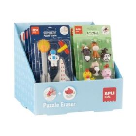 Apli Expositor con 12 Packs de de Gomas Puzzle - Divertidas Gomas de Borrar - Se Pueden Montar y Desmontar para Jugar con Ellas