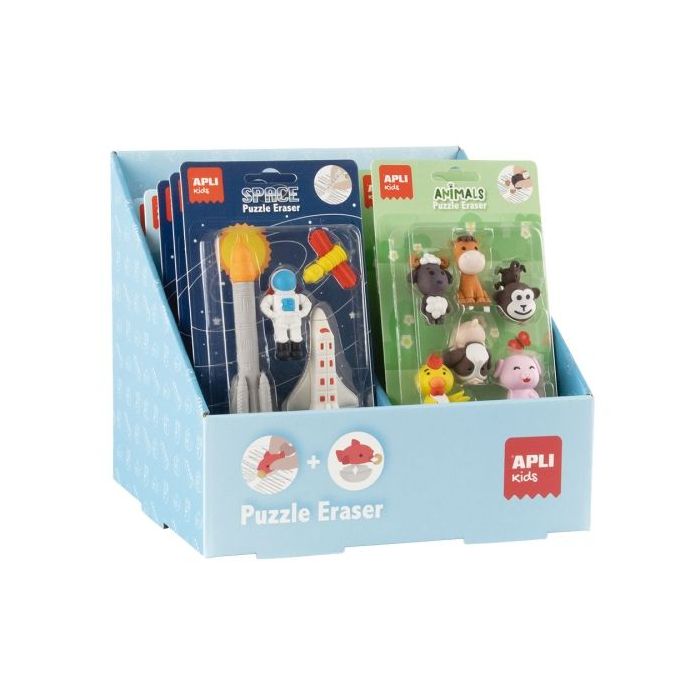 Apli Expositor con 12 Packs de de Gomas Puzzle - Divertidas Gomas de Borrar - Se Pueden Montar y Desmontar para Jugar con Ellas