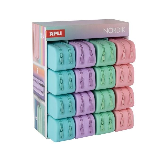 Apli Nordik Expositor de 16 Estuches de Silicona Rectangulares Dobles - Doble Compartimento - Medidas 75x185x63mm - Colores Past