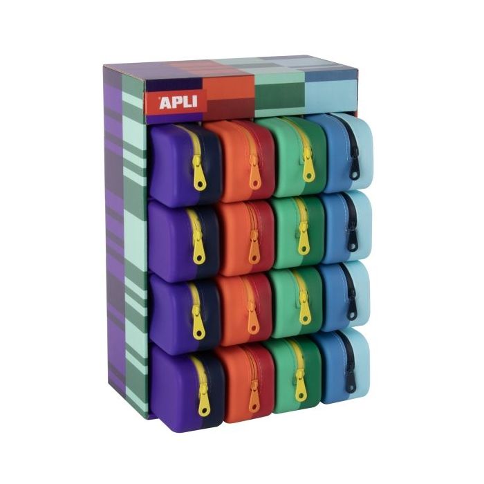 Apli Bright Bicolor Expositor de 16 Estuches de Silicona Rectangulares Bicolor - Cremallera Repelente al Agua - Medidas 75x185x5