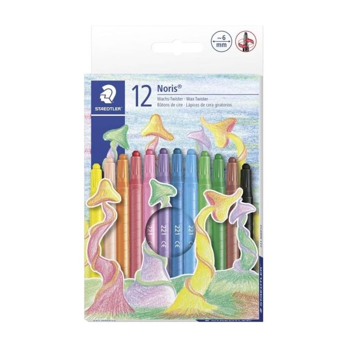 Staedtler Noris 221 Pack de 12 Ceras Giratorias - Diametro 6mm - Resistencia a la Rotura - Colorantes Alimenticios - Colores Sur