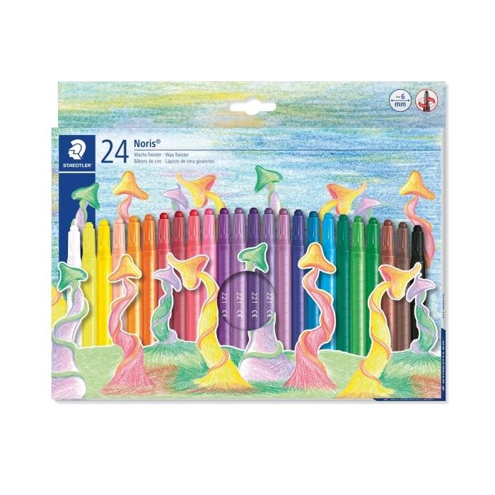 Staedtler Noris 221 Pack de 24 Ceras Giratorias - Diametro 6mm - Resistencia a la Rotura - Colorantes Alimenticios - Colores Sur