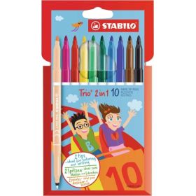 Stabilo Trio 2 en 1 Pack con 10 Rotuladores de Doble Punta - Punta Fina 0,5mm y Punta Ancha 2mm - Tinta Lavable - Zona de Agarre