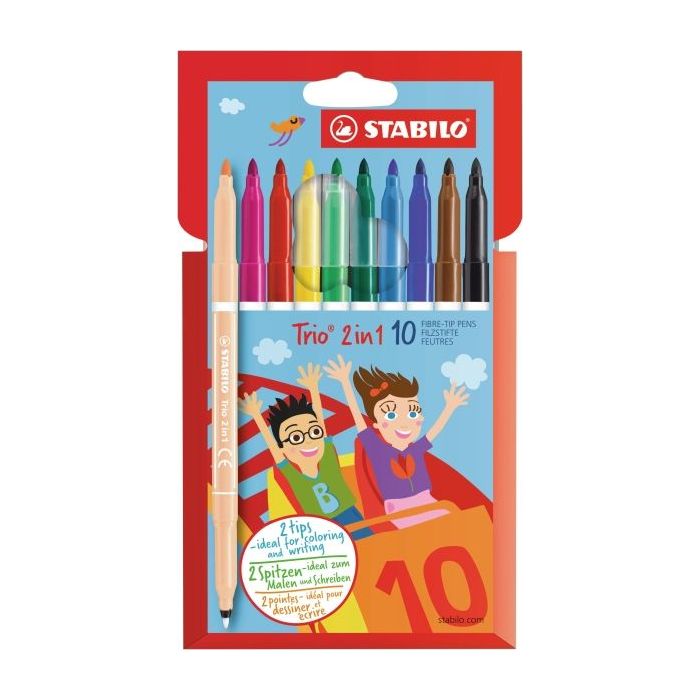 Stabilo Trio 2 en 1 Pack con 10 Rotuladores de Doble Punta - Punta Fina 0,5mm y Punta Ancha 2mm - Tinta Lavable - Zona de Agarre
