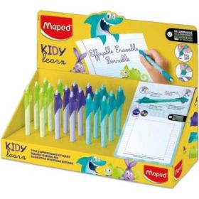 Maped Kidy Lern Magic Expositor con 18 Boligrafos Borrables con Guia para Dedos - Modelos Tiburon, Conejo y Camaleon - Tinta Col