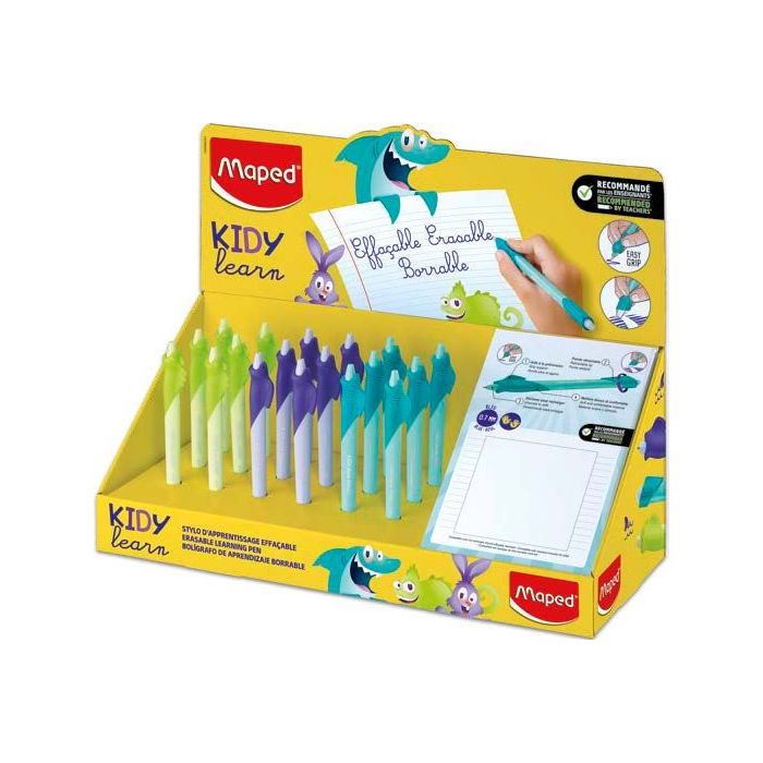 Maped Kidy Lern Magic Expositor con 18 Boligrafos Borrables con Guia para Dedos - Modelos Tiburon, Conejo y Camaleon - Tinta Col