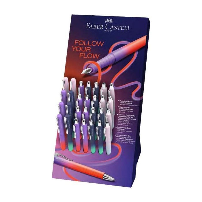 Faber-Castell Poly Ball Flow Edition Expositor con 22 Boligrafos Retractiles XB + 8 Plumas Estilograficas - Suave al Tacto - Col