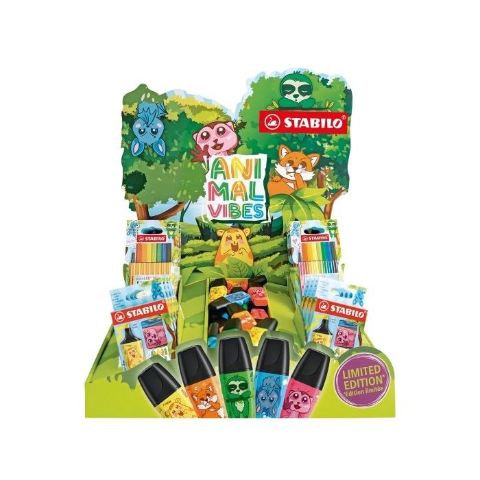 Stabilo Animal Vibes Expositor de Sobremesa con 30 Boss Mini Piezas Sueltas, 8 Packs con 3 Boss Mini, 5 Packs con 8 Point 88 Min