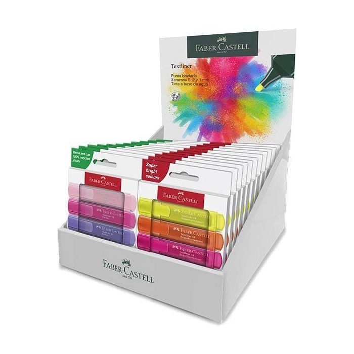Faber-Castell Textliner 46 Expositor con 11 Packs de 4 Marcadores Neon y 11 Packs de 4 Marcadores Pastel - Punta Biselada - Traz