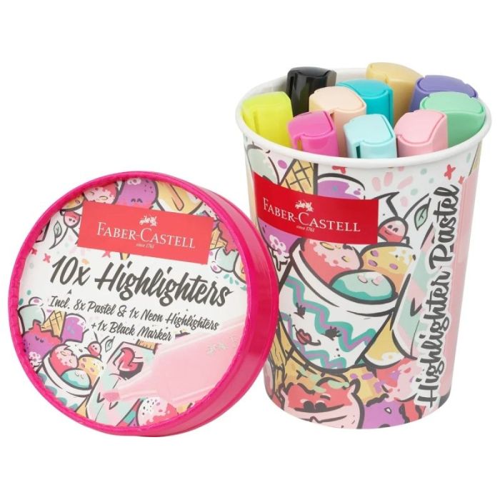 Faber-Castell Textliner 46 Pastel Pack de 10 Marcadores Fluorescentes - Diseño del Pack Tarrina de Helado - Punta Biselada - Tra
