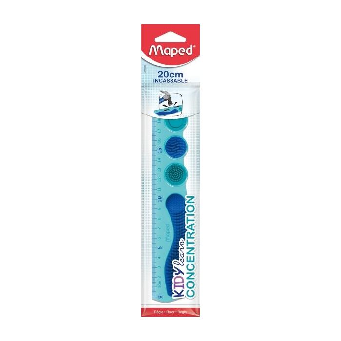 Maped Kidy Lern Concentration Regla 20cm - Diseñada para Ayudar a la Concentracion - Zonas Tactiles Extraibles - Color Azul