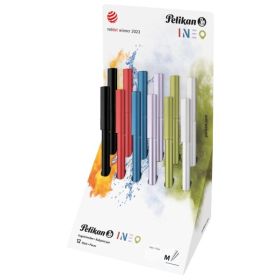 Pelikan Ineo Expositor con 12 Boligrafos Retractiles - Trazo de 1mm - Mecanismo de Giro - Recambio 337M Azul - Aluminio Anodizad