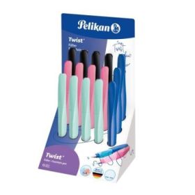 Pelikan Twist Expositor con 15 Plumas Estilograficas - Punta M - Uso Ambidiestro - Incluye Cartucho de Tinta - Colores Surtidos
