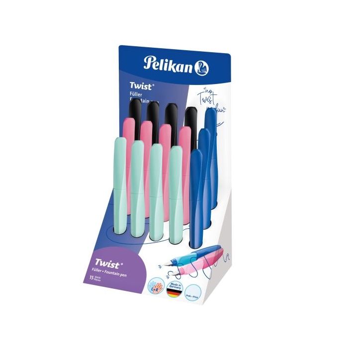 Pelikan Twist Expositor con 15 Plumas Estilograficas - Punta M - Uso Ambidiestro - Incluye Cartucho de Tinta - Colores Surtidos