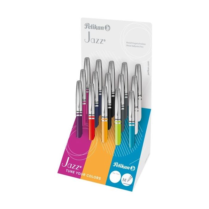 Pelikan Jazz Classic Expositor con 15 Boligrafos Retractiles - Trazo de 1mm - Mecanismo de Giro - Capuchon y Clip Cromados - Rec