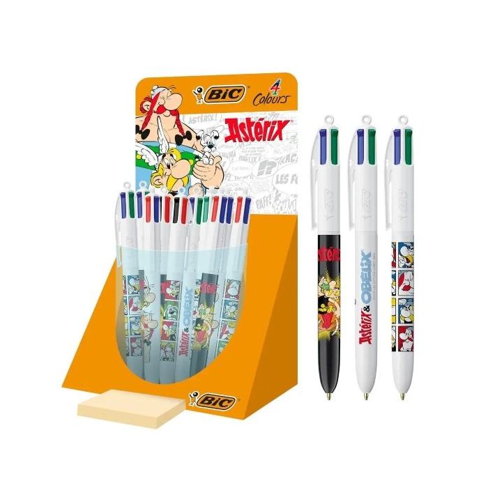 Bic 4 Colours Asterix Expositor con 30 Boligrafos de Bola Retractil Diseños Comic Asterix - Punta Media de 1.0mm - 3 Diseños Dif