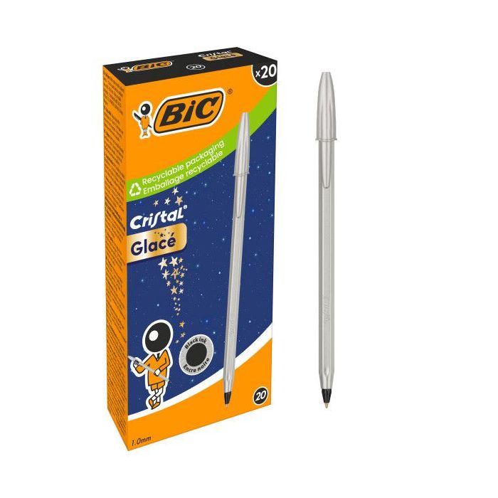 Bic Cristal Glace Boligrafo de Bola - Cuerpo Opaco en Color Plata Mate - Punta Redonda de 1mm - Trazo 0.4mm - Tinta con Base de