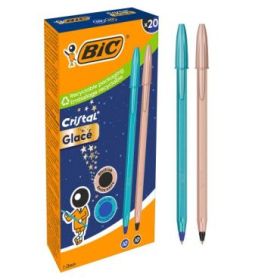 Bic Cristal Glace Pack con 20 Boligrafos de Bola - Cuerpo Opaco en Color Azul Metalizado Mate y Cobre Mate - Punta Redonda de 1m